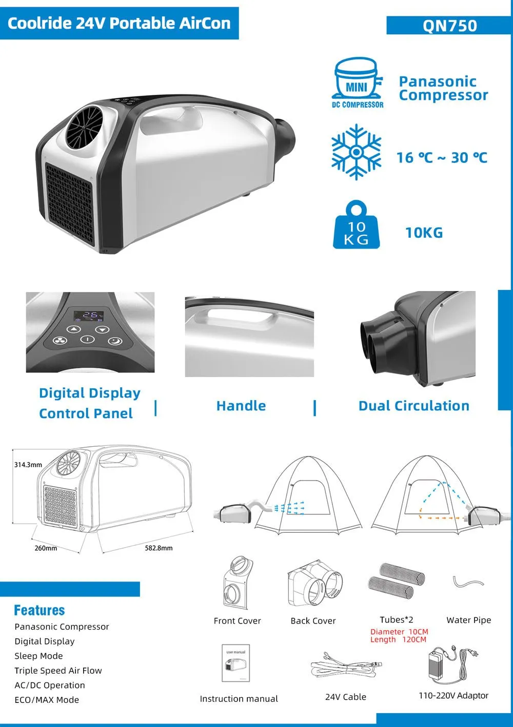 CRONY QN750 Tent air conditioning Portable Air Conditioners Home AC Cooling Unit 24V DC100-240V AC 3 Fan Speeds