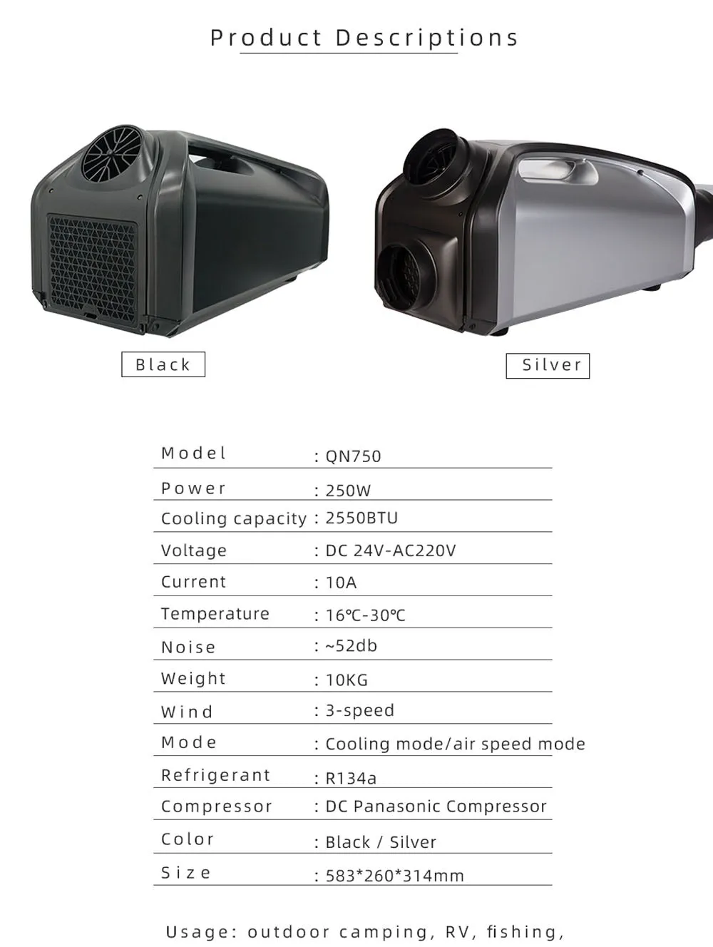 CRONY QN750 Tent air conditioning Portable Air Conditioners Home AC Cooling Unit 24V DC100-240V AC 3 Fan Speeds