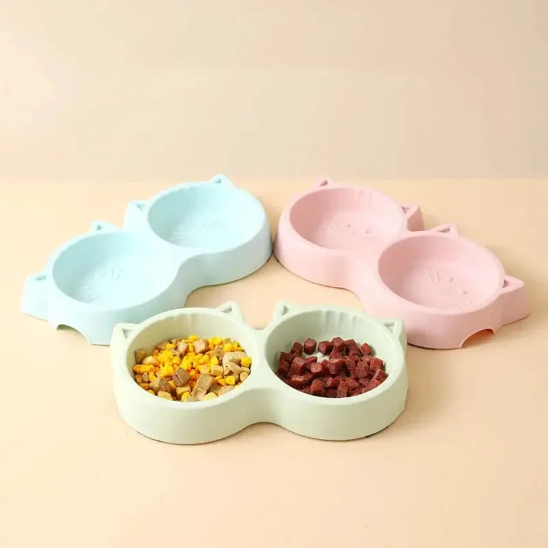 Cute Cat Face Double Bowl for Food & Water
