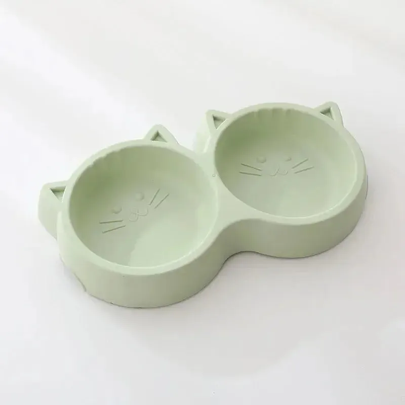 Cute Cat Face Double Bowl for Food & Water
