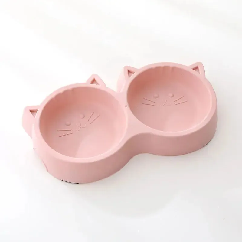 Cute Cat Face Double Bowl for Food & Water