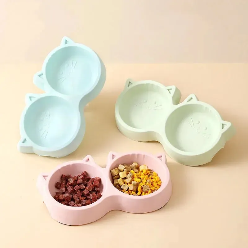 Cute Cat Face Double Bowl for Food & Water