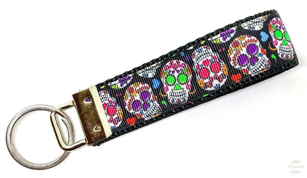 Sugar Skulls Key Fob Wristlet Keychain 1"wide Zipper pull Camera strap Petcollarshandmade