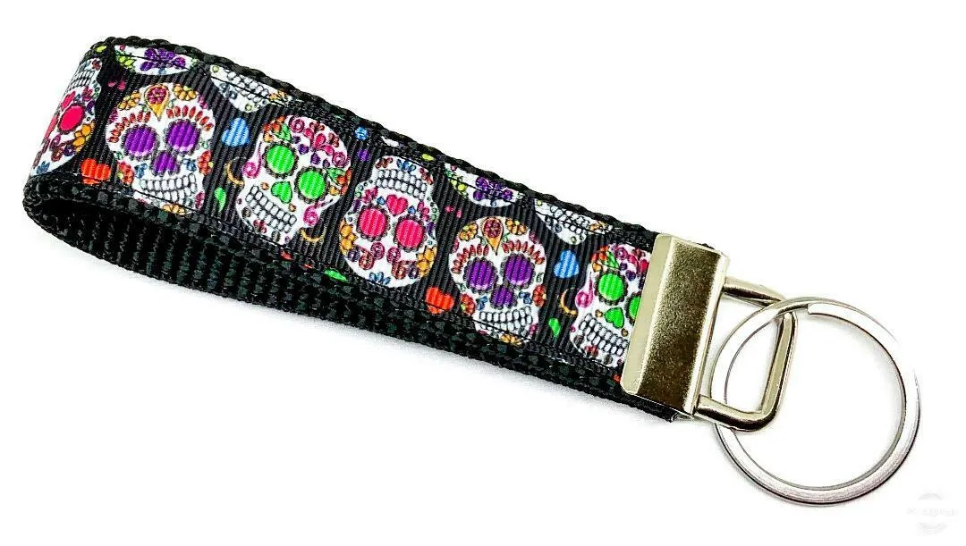 Sugar Skulls Key Fob Wristlet Keychain 1"wide Zipper pull Camera strap Petcollarshandmade