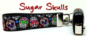 Sugar Skulls Key Fob Wristlet Keychain 1"wide Zipper pull Camera strap Petcollarshandmade