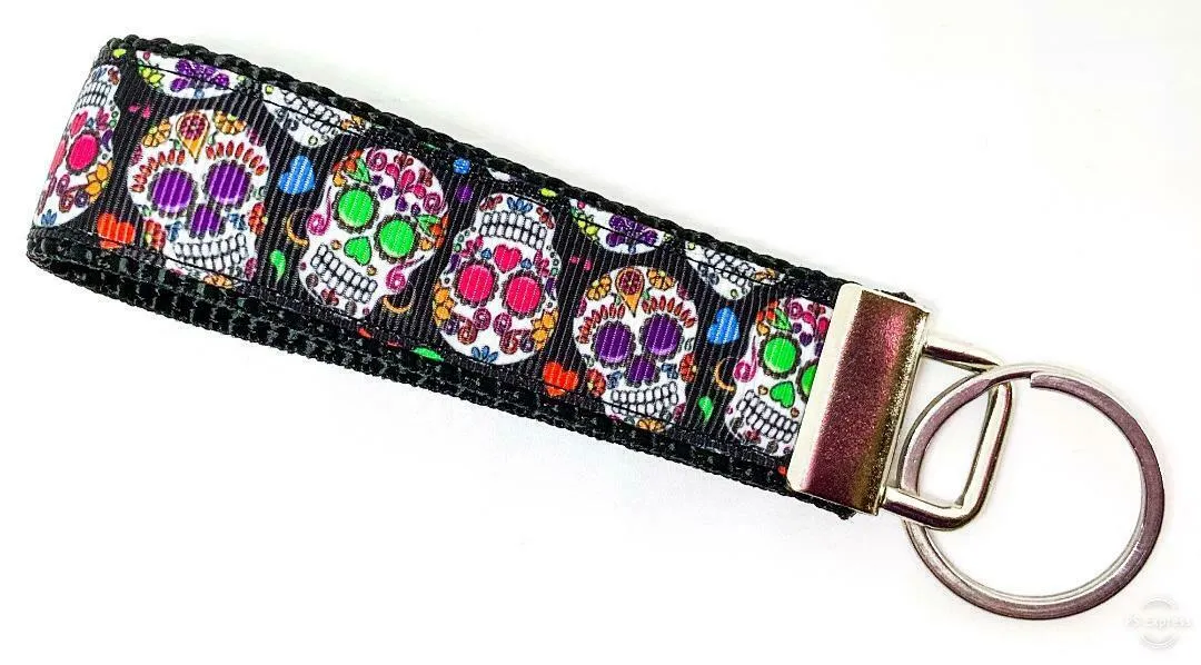 Sugar Skulls Key Fob Wristlet Keychain 1"wide Zipper pull Camera strap Petcollarshandmade
