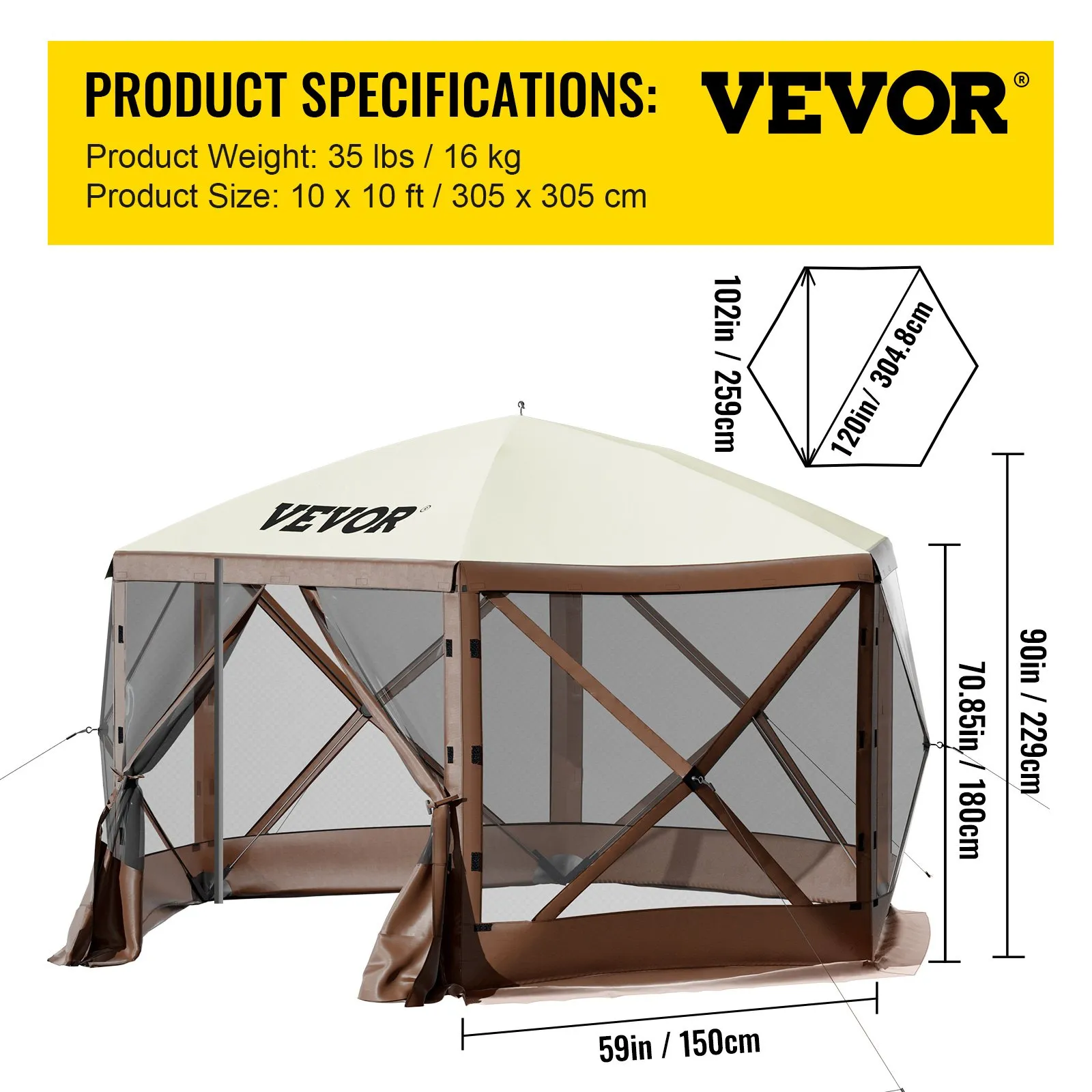 VEVOR Camping Gazebo Tent 10'x10' - 6 Sided Pop-up Canopy Screen Tent