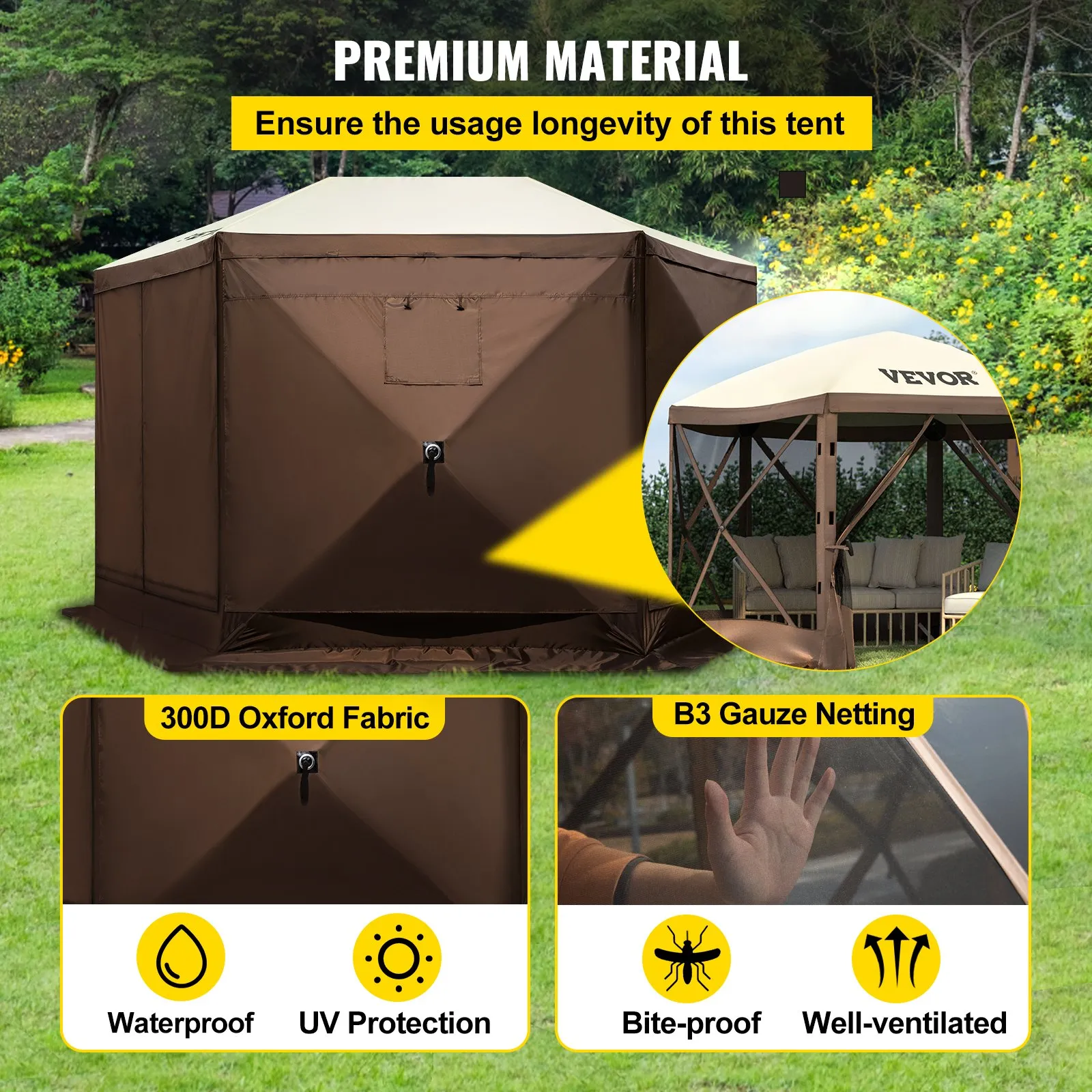 VEVOR Camping Gazebo Tent 10'x10' - 6 Sided Pop-up Canopy Screen Tent